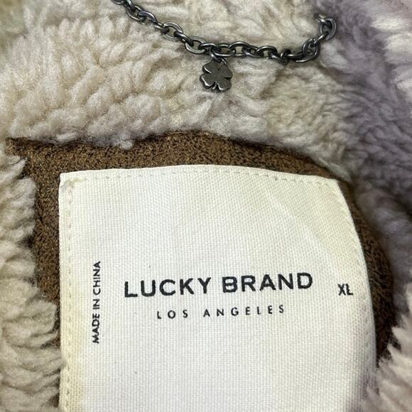 Lucky Brand Brown Suede Faux Shearling Asymmetric Button Moto Jacket Coat Sz XL - Picture 4 of 5